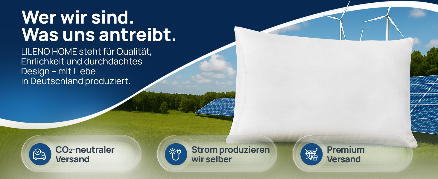 Der Text lautet „Wer wir sind.“ Landschaftsbild mit Windturbinen auf sanften Hügeln mit Infografik-Elementen, die Symbole für Nachhaltigkeit oder Energie zeigen.