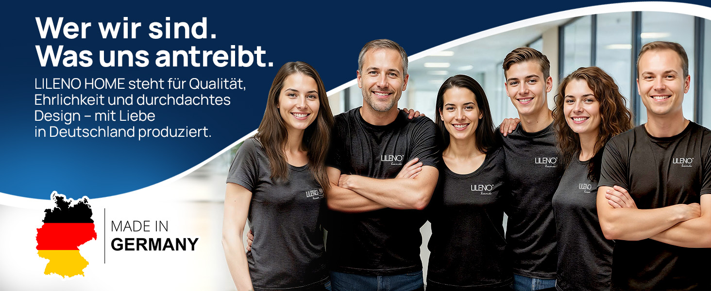 Der Text lautet „Wer wir sind. Was uns antreibt.“ Firmenbanner mit dem Firmenteam mit deutscher Flagge und dem Logo „MADE IN GERMANY“.